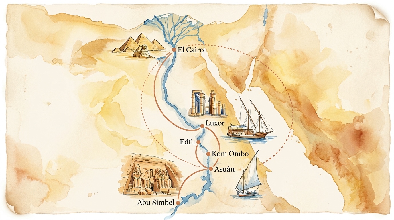 Mapa de la ruta — Egipto Faraónico con Crucero por el Nilo · El Cairo, Luxor, Edfu, Kom Ombo, Asuán, Abu Simbel