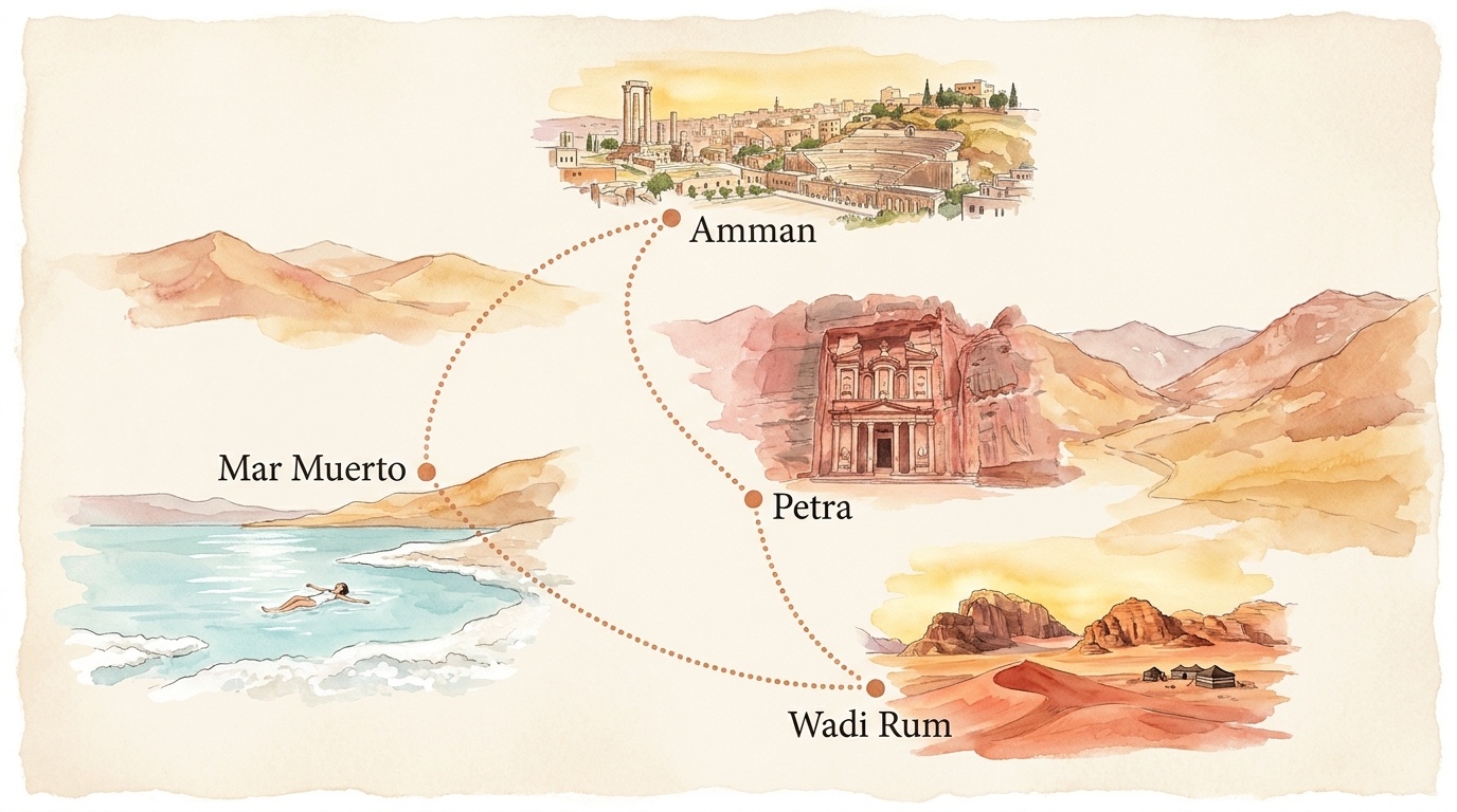 Mapa de la ruta — Jordania Esencial · Amman, Petra, Wadi Rum, Mar Muerto