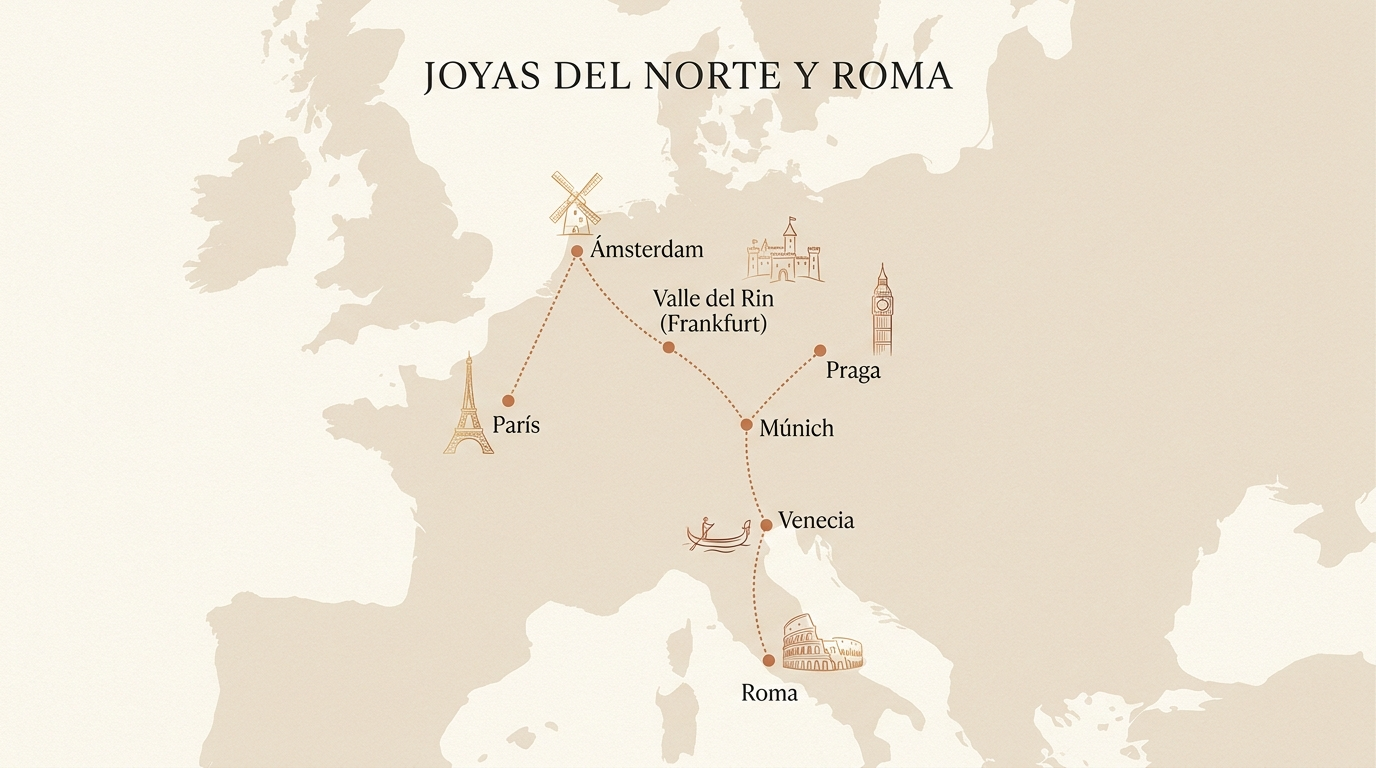Mapa de la ruta — Joyas del Norte y Roma