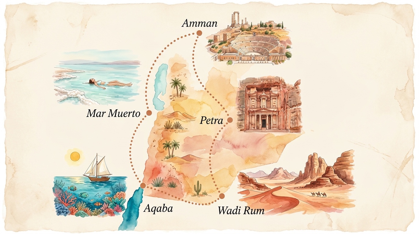 Mapa de la ruta — El Reino de Jordania al Completo · Amman, Petra, Wadi Rum, Aqaba, Mar Muerto