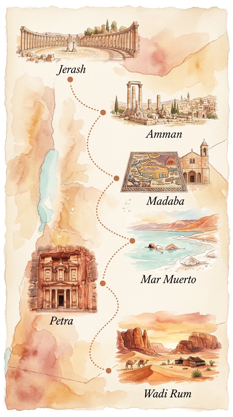 Mapa de la ruta — Reino Nabateo · Jerash, Amman, Madaba, Mar Muerto, Petra, Wadi Rum