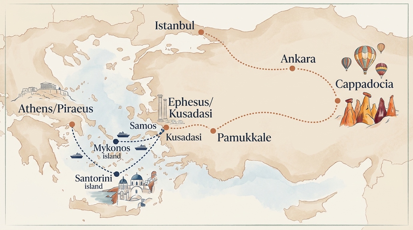 Mapa de la ruta — Turquía y las Islas Griegas · ruta terrestre por Turquía y ferry por Samos, Mykonos, Santorini y Atenas