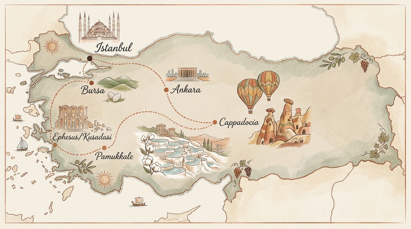 Mapa de la ruta — La Ruta de los Sultanes · Estambul, Ankara, Capadocia, Pamukkale, Éfeso, Bursa
